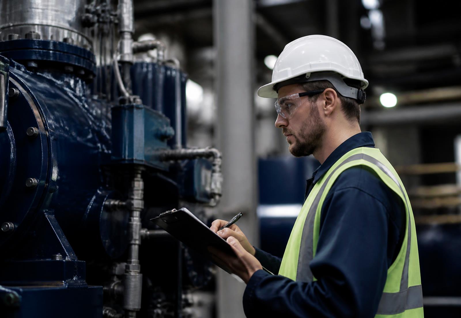Safety inspector recording an equipment inspection at an industrial plant