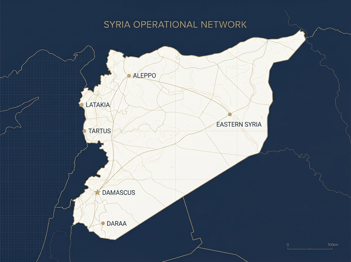 Map of SAS MELAT operational coverage across Damascus, Daraa, Aleppo, Latakia, Tartus and Eastern Syria